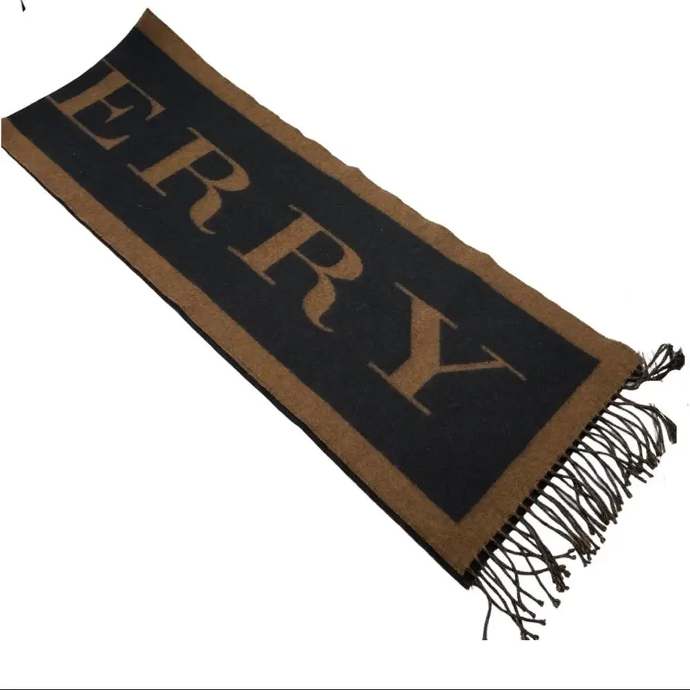 NEW RARE BURBERRY 100% cashmere Camel - Black Branded Logo Scarf UNISEX - Picture 11 of 12